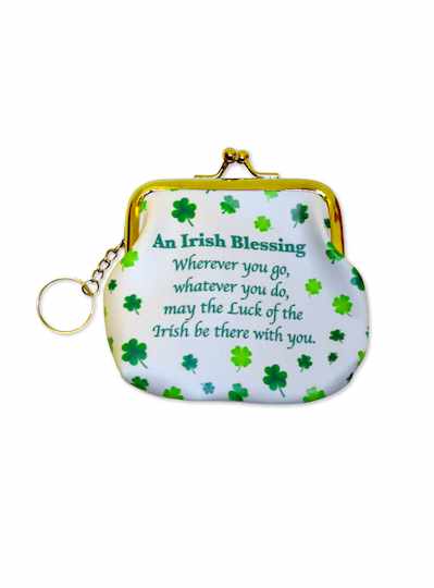 Coin Purse -White with Irish Blessing in Green -St